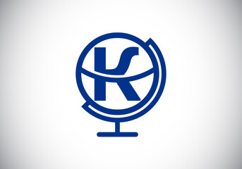 Initial K monogram alphabet with earth globe emblem. Globe logo design vector template. Font emblem. Logo for communication business  and company identity