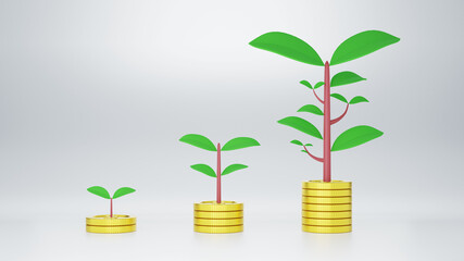 Fototapeta na wymiar Plant growing step of money stack isolated on white background. Tree grows on a pile of money. The idea of maximizing the profit from the business investment.