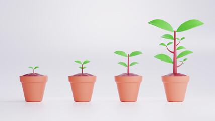 Plant growing stages. 3d render Timeline of planting tree process isolated on white background.life is like tree, step growing of plants, plants progress, grow up.Trees and growth in a brown pot.