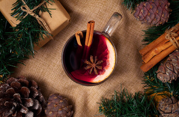 Hot drink Mulled wine, top view, Christmas background, New Year, wallpaper, no people, toned,