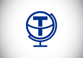 Initial T monogram alphabet with earth globe emblem. Globe logo design vector template. Font emblem. Logo for communication business  and company identity