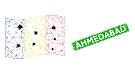 Mesh polygonal waving Chad flag with lockdown particles and distress Ahmedabad rectangle watermark. Model is designed on waving Chad flag with black infection elements.