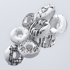 Set of flying monochrome donuts with black sprinkles on white background
