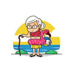 Illustration Vector Graphic of Cute Grandma Summer Costume in the Beach.. Happy Grandparents Day.. 