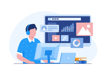Web design, ui ux and programmer with computer, software development, flat illustration vector