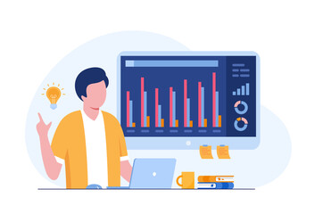 business analyst with dashboard, performance audit, accounting concept, flat illustration vector