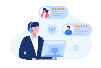 customer satisfaction, feedback, fast response, 24 hours call center concept, illustration vector