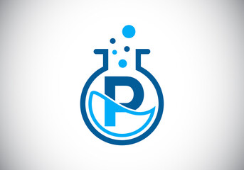 Initial P monogram alphabet with lab glass, chemical liquid, and bubbles. Lab logo. Logo for science, and technology business and company identity