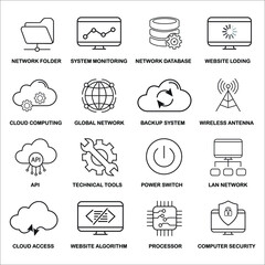 Network technology line icon set.