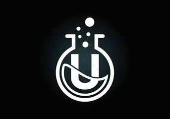 Initial U  monogram alphabet with lab glass, chemical liquid, and bubbles. Lab logo. Logo for science, and technology business and company identity