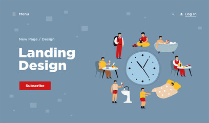 School kids daily schedule according to clock. Boy sleeping, taking bath, having breakfast or dinner, walking to school. Vector illustration for daily routine, everyday life concept