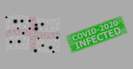 Mesh polygonal waving England flag designed using lockdown items and distress Covid-2020 Infected rectangle stamp seal. Carcass model is created from windy England flag with black virus items.