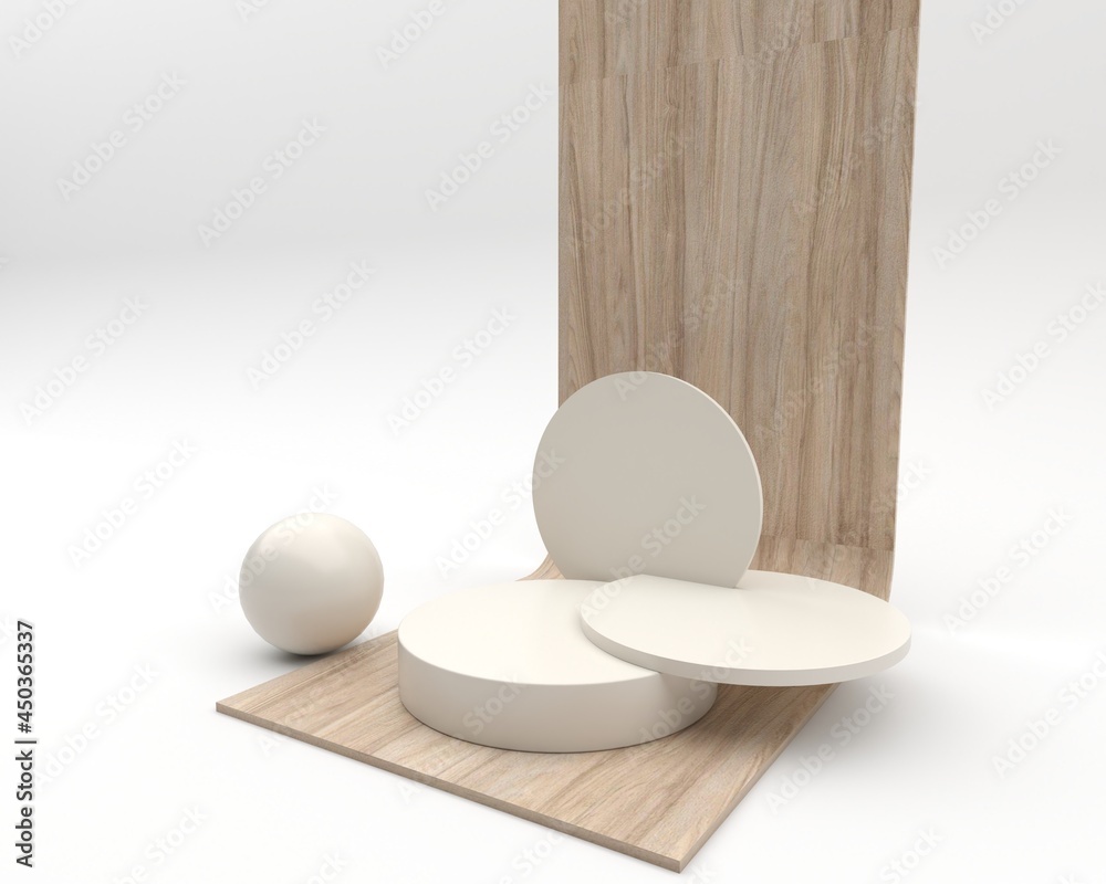 Poster minimalist wooden podium with abstract geometric display scene for product presentation on the white