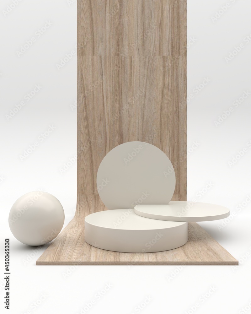 Poster minimalist wooden podium with abstract geometric display scene for product presentation on the white