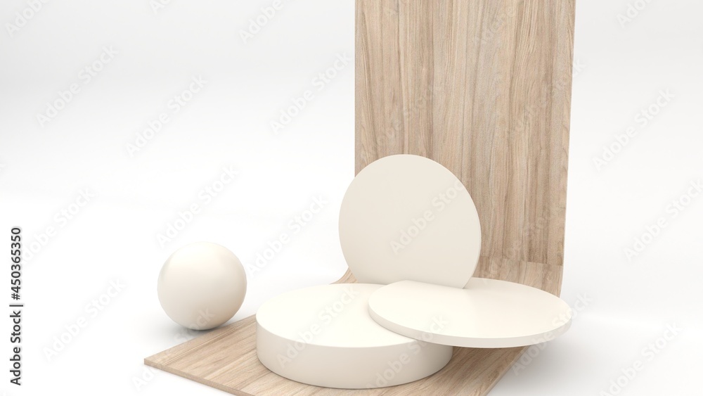 Poster minimalist wooden podium with abstract geometric display scene for product presentation on the white