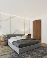 The Modern bedroom interior design and white marble wall texture.  3d rendering