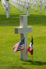 Colleville-Sur-Mer, France - 08 03 2021: Normandy American Cemetery and Memorial and the white crosses of unknown soldiers