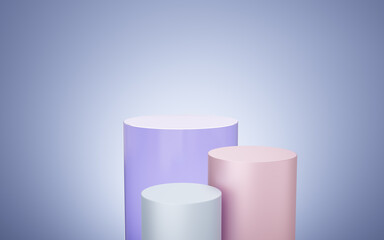 Empty purple, pink, silver cylinder podium floating on blue copy space background. Abstract minimal studio 3d geometric shape object. Pedestal mockup space for display of product design. 3d rendering.