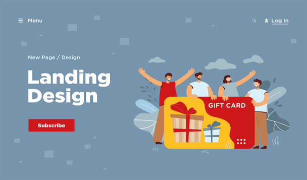 Happy customers getting gift card from store or shop. Consumers with voucher celebrating sale season. Vector illustration for shopping, present, bonus program, retail concept