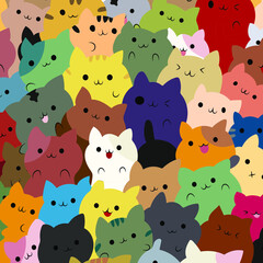 Funny cats, cute seamless background pattern. Vector illustration. Cat meme