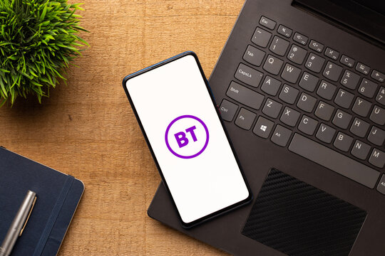 Assam, india - May 18, 2021 : BT Group logo on phone screen stock image.
