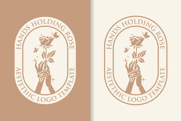 hand holding rose flower logo template