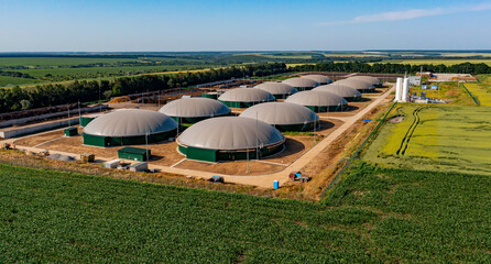 Bio gas factory. Sustainable production of biofuel. Modern plant. Aerial view on the modern biofuel...
