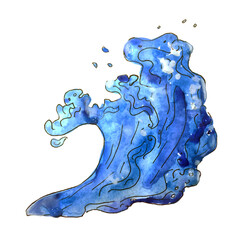 Vector hand drawn watercolor sea wave or blue water splash. Drawing.