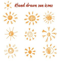 Vector hand drawn set of sun icons