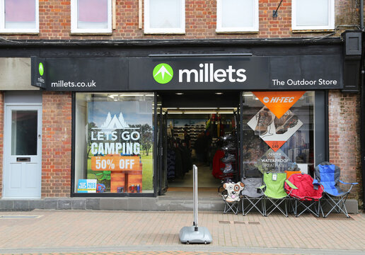 Chesham, Buckinghamshire, England, UK. April 26, 2019. The front entrance to the Millets outdoor equipment shop in the centre of the village.