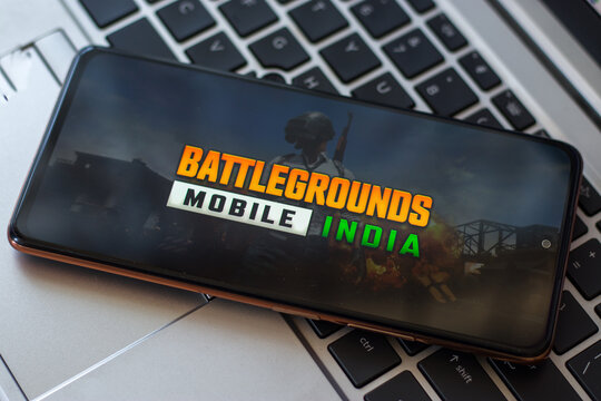 Assam, india - May 19, 2021 : BATTLEGROUNDS MOBILE INDIA logo on phone screen stock image.