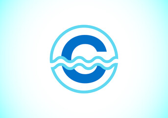 Initial C monogram alphabet in a circle with water waves. Water wave logo design. Logo for the ocean, sea-related business, and company identity