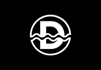 Initial D monogram alphabet in a circle with water waves. Water wave logo design. Logo for the ocean, sea-related business, and company identity