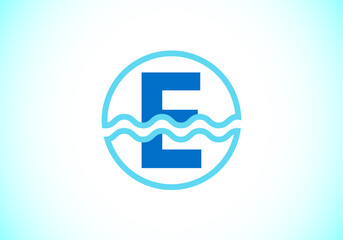 Initial E monogram alphabet in a circle with water waves. Water wave logo design. Logo for the ocean, sea-related business, and company identity