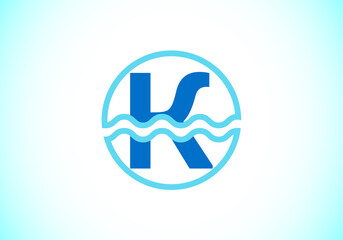 Initial K  monogram alphabet in a circle with water waves. Water wave logo design. Logo for the ocean, sea-related business, and company identity