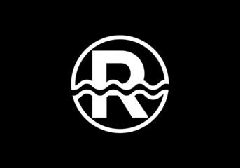 Initial R  monogram alphabet in a circle with water waves. Water wave logo design. Logo for the ocean, sea-related business, and company identity