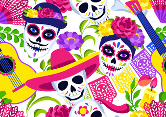 Day of the Dead seamless pattern. Dia de los muertos. Mexican celebration.