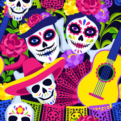 Day of the Dead seamless pattern. Dia de los muertos. Mexican celebration.