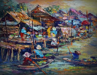 Fototapeta premium hand painted impressionism art painting oil color boating floating market thailand countryside siam land of smiles canal river view upcountry abundant life school studying academy gallery of art