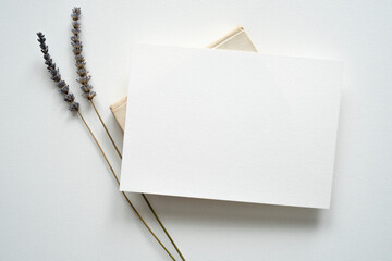 blank white invitation template, rectangle, art canvas texture, soft shadows, lavender decoration,...