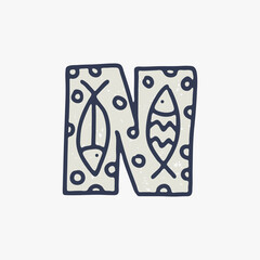 N letter logo with fishes in the Nordic folk art style in the background.