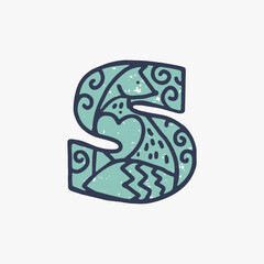S letter logo with an arctic fox in the Nordic folk art style in the background.