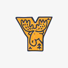 Y letter logo with an elk in the Nordic folk art style in the background.