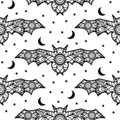 Halloween bats decoration seamless pattern. Lace ornament bat with moon and stars decor.