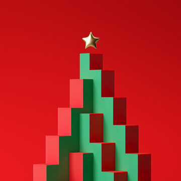 Minimal product background for Christmas and winter holiday concept. Christmas tree podium on red background. 3d render illustration. Clipping path of each element included.