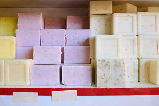 Natural traditional turkish bittim soap. Craft soap bars at traditional store counter. Handmade soap with natural additives and extracts. 