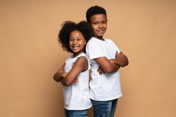 Waist up portrait view of the lovely multiracial brother and sister standing back to back to each...