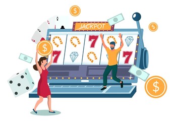 People playing internet slot machine game, flat vector illustration. Roulette jackpot. Online casino gambling.