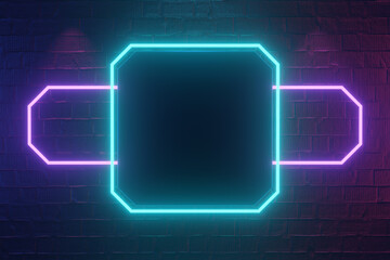 Digital product background. Blank rectangle frame lighting on dark red bricks with blue pink light reflection background. 3D illustration rendering.