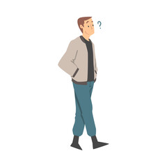 Thoughtful Man Character and Question Mark Thinking Over the Matter Vector Illustration